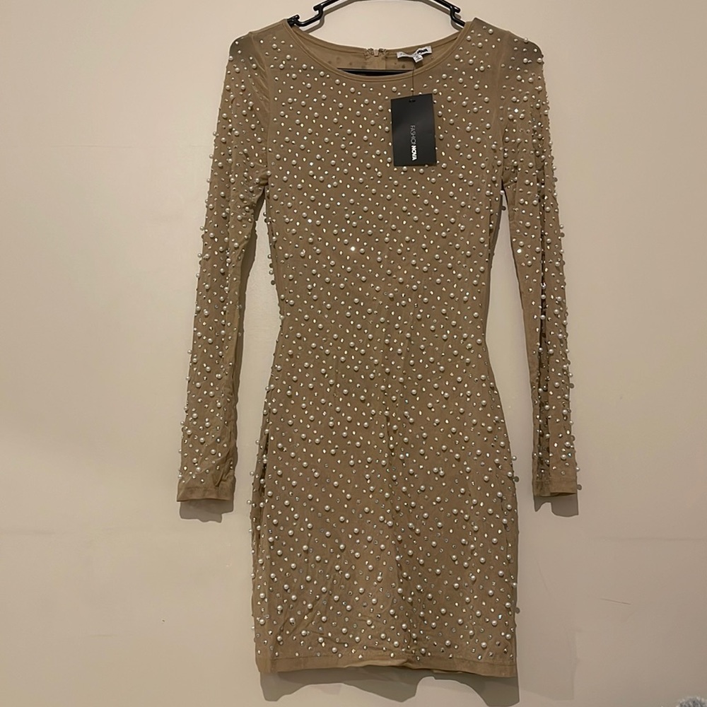 Nude Fashion Nova Embellished Dress
